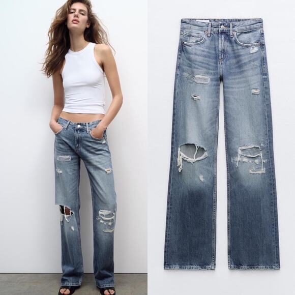 ZARA • High Ride Wide Leg Ripped Distressed Denim Jeans - Picture 1 of 8